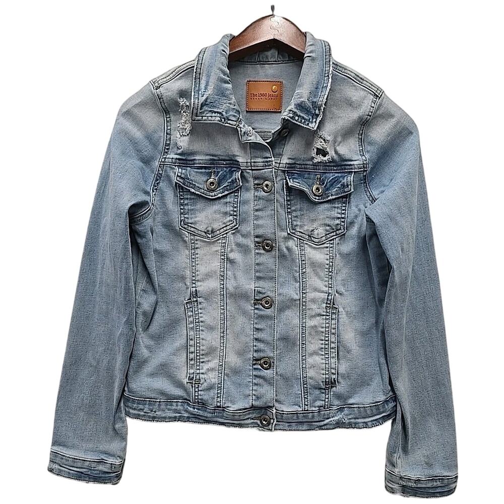 The 1980 Jeans Black Label Womens Stretch Denim Jacket Size L Distressed